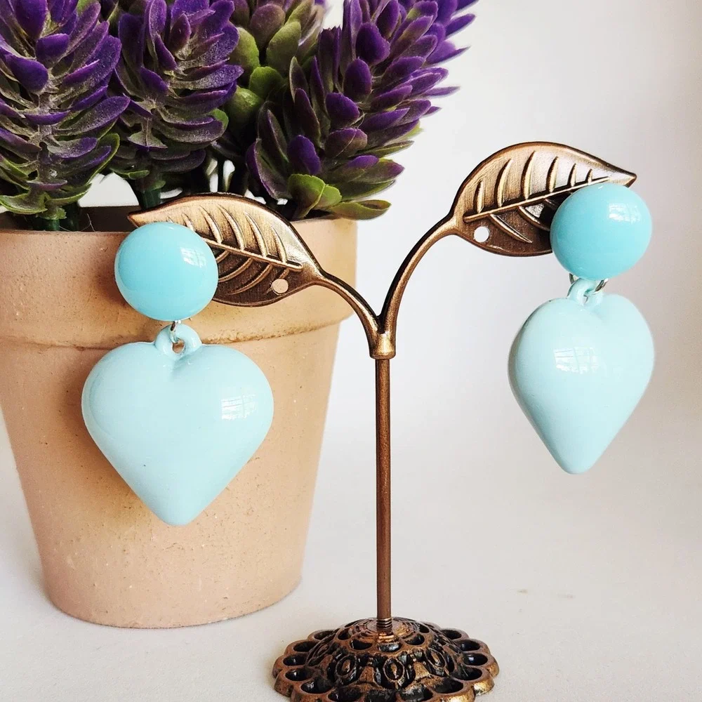 Light Blue‎ Heart Drop Earrings Glossy Puffy Dangle Statement Jewelry Post Back